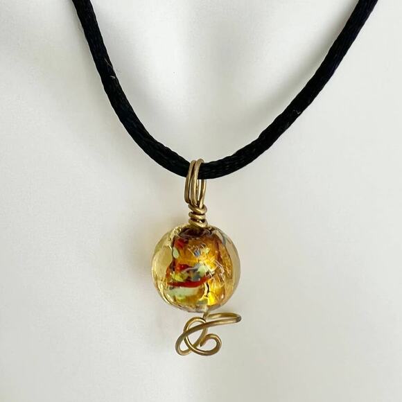 Gold Glass Foil Sphere Bronze Wire Wrapped Pendant - Picture 1 of 4